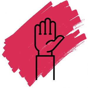 an icon of a black raised hand with a red mark in the background